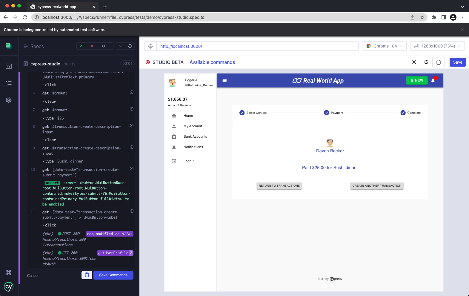 Cypress Studio Save Commands